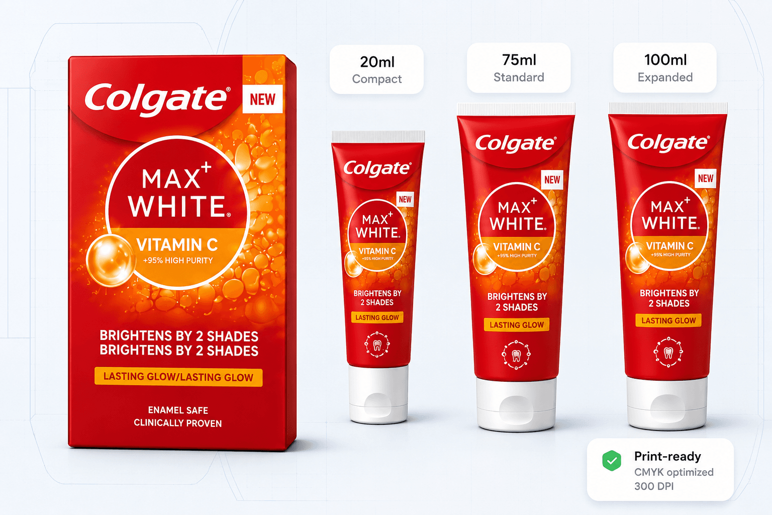 Optic White Vitamin C carton and toothpaste tubes in 20ml, 75ml, and 100ml sizes